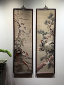 Qing Dynasty Shu Embroidery "Adding Flowers to Embroidery" and "Pine and Crane for Longevity" (Shu