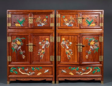 Pair of Huanghuali Wood Curio Cabinets Inlaid with "Magpies on Plum Blossoms" and "Pine and Crane
