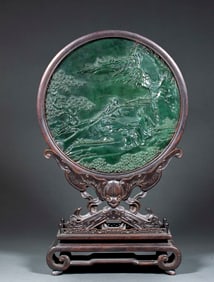 Table Screen of "Playing Go Under Pine Trees" with Hetian Jadeite and Red Sandalwood, Calligraphy by