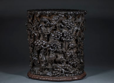 Red Sandalwood Painting Vat with "Deer and Crane for Spring" Patterns
