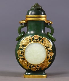 Hetian Jadeite Vase with White Jade Inlays, Silver Gilt and Double Ears