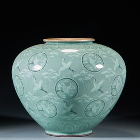 Korean Goryeo Celadon Jar with Metal Bound Rim
