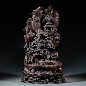 Agarwood Mountain Ornament with Landscape, Pavilion and Figure Stories