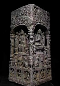 Northern Qi Dynasty Green Stone Pillar Covered with Buddha Carvings