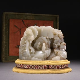 Qing Dynasty Hetian Jade Seed Material Mountain Ornament with Figure Stories