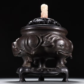 Bronze Incense Burner with Red Sandalwood and Jade Inlaid Lid, Themed "Elephants Bearing Peace"