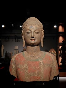 Northern Qi Dynasty Painted Green Stone Half-Body Statue from Qingzhou