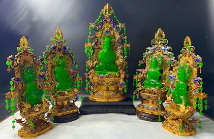 Set of Gilt Filigree Inlaid Jadeite Statues of "Five Holy Buddhas"