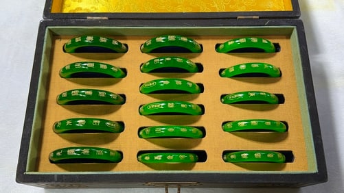 Set of Full-Green Jadeite "Hundred Blessings" Bangles