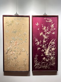 Pair of Guang Embroidery Works of Flowers and Birds