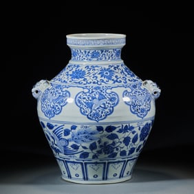 Blue-and-White Jar with Tiger-Head Handles, Featuring Broken-Branch Phoenix and Flower Patterns