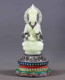 Hetian Jade Buddha Statue with Silver Inlay