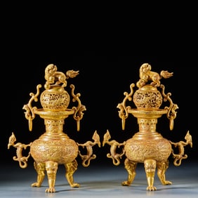 Pair of Gilt Bronze Incense Burners with Three Feet, Double Dragon Ears and Lion Knobs