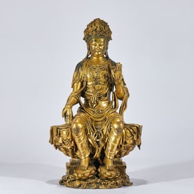 Gilt Bronze Statue of Guanyin in Free Posture Standing on a Lotus