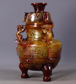 Hetian Jade Tripod Jar with Gold-Silver Wire Inlay, Gemstone Inlay and High-Relief Chi Dragon