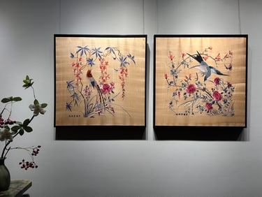 Pair of Champagne-Colored Guang Embroidery Works of Flowers and Birds