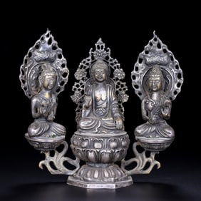Pure Silver Statues of the "Three Holy Buddhas" with Chased Patterns