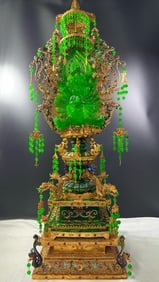 Gilt Filigree Ornament Inlaid with High-Icy Jadeite, Themed "Thousand-Hand and Thousand-Face Buddha"