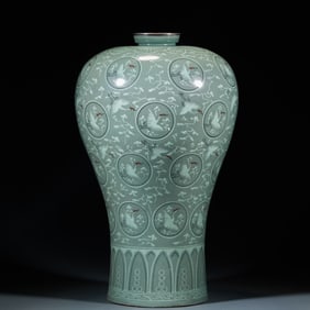 Korean Goryeo Celadon Plum Vase with Metal Bound Rim and Hundred Crane Patterns