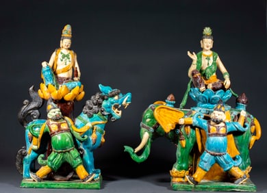 Pair of Liao Dynasty Tricolor Glazed Statues of Manjushri and Samantabhadra