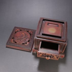 Qing Dynasty Songhua Stone Inkstone with Drawer and "Carp Leaping Over the Dragon Gate" Patterns (a