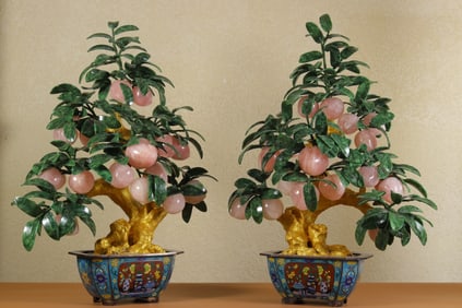Pair of Cloisonné Bonsai with Rose Quartz Peach Fruits (peach symbolizes longevity in Chinese