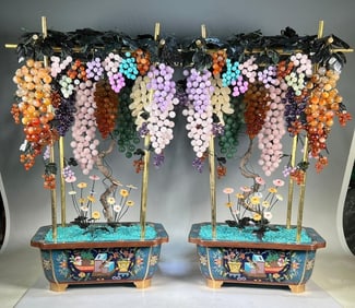 Pair of Cloisonné Basin Bonsai with Jade Grape Clusters (grapes symbolize fertility and prosperity)