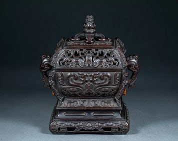Rosewood Incense Burner with Beast - Ear Handles and Rings