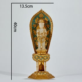 Standing Statue of Guanyin with Gilded Copper and Inlaid Jade