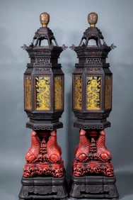 A Pair of Qing - Dynasty Rosewood Hexagonal Palace Lanterns
