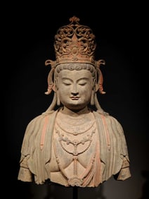 Song Dynasty Blue Stone Painted Guanyin Bust Statue