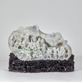 Hetian Jade Mountain Carving with Figures Under Pine Trees