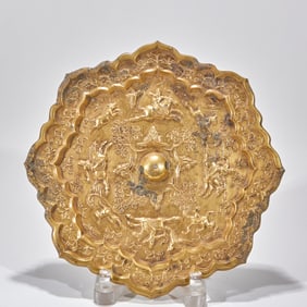 Pre-Ming Gilt Bronze Hunting Scene Bronze Mirror