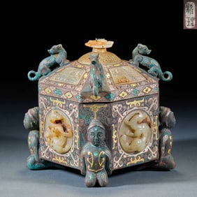 Gilt-silver Inlaid Jade Bronze Hexagonal Box of the Han Dynasty