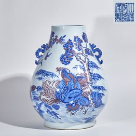 Qing Qianlong Blue-and-White Underglaze Red Five Ethical Relations Pattern Double-Ear Zun
