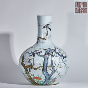 Qing Qianlong Period Famille Rose "Magpies Perching on Plum Blossoms" Globe Bottle