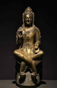 Northern Qi Gilt Bronze Cross-Legged Maitreya Statue