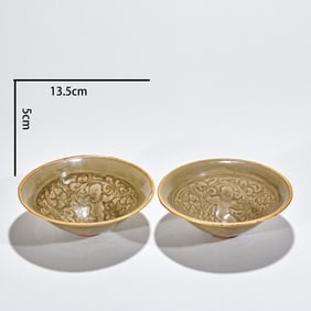 Northern Song Dynasty Yaozhou Kiln Carved Baby Playing Pattern Cup Pair