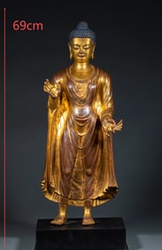 Pre-Ming or Ming Dynasty Gilt Sakyamuni Standing Statue