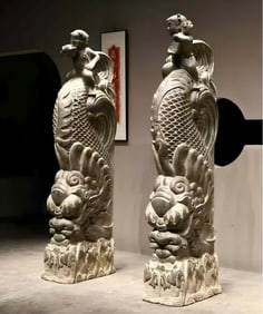 Qing Dynasty Stone Carved "Fish Turning into Dragon" Door Block