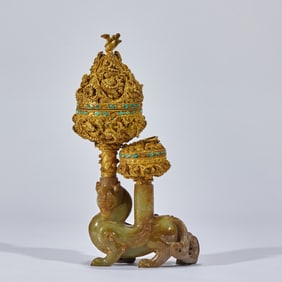 The Silver Gilt Granulation Turquoise-inlaid Incense Burner with Jade Beast Support of the Han