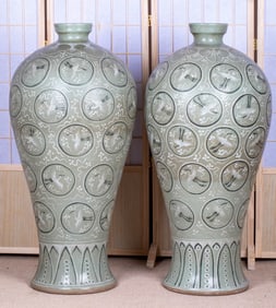 Pair of Goryeo Celadon Plum Vases with Hundred Crane Patterns