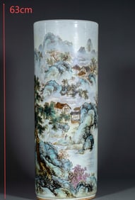 Famille Rose Cylinder Vase with Landscape and Figure Story Patterns