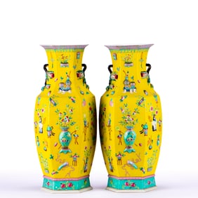 Pair of Qing Dynasty Famille Rose "Blessing and Longevity" Hexagonal Literary Vases