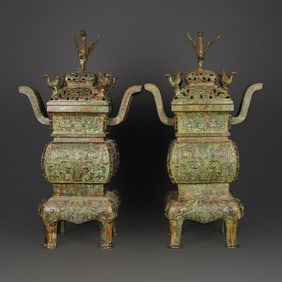 Pair of Western Zhou Dynasty Bronze Beast Face and Phoenix Bird Incense Burners