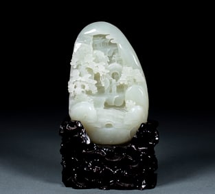 Hetian Jade Cleverly Carved Pavilion, Building and Figure Mountain Ornament