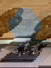 Red Sandalwood Inlaid Hundred Treasures "Five Blessings Embracing Longevity" Cloisonné Table Screen