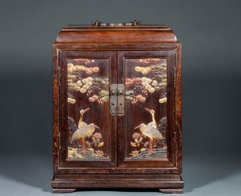 Small Red Sandalwood Jade-Inlaid "Pine and Crane for Longevity" Multi-Treasure Cabinet