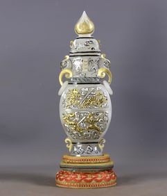Hetian White Jade Gilded Double-Ear Vase