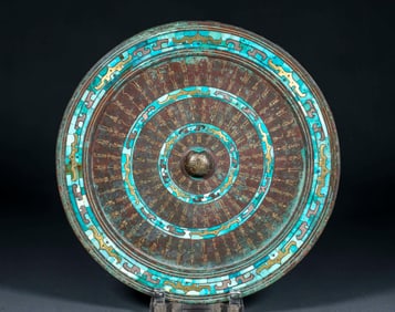 Warring States Period Gilt-silver Inlaid Bronze Mirror with Turquoise and Inscriptions